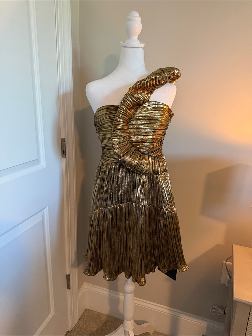 Lulu's One-Shoulder Metallic Gold Pleated Mini Dress